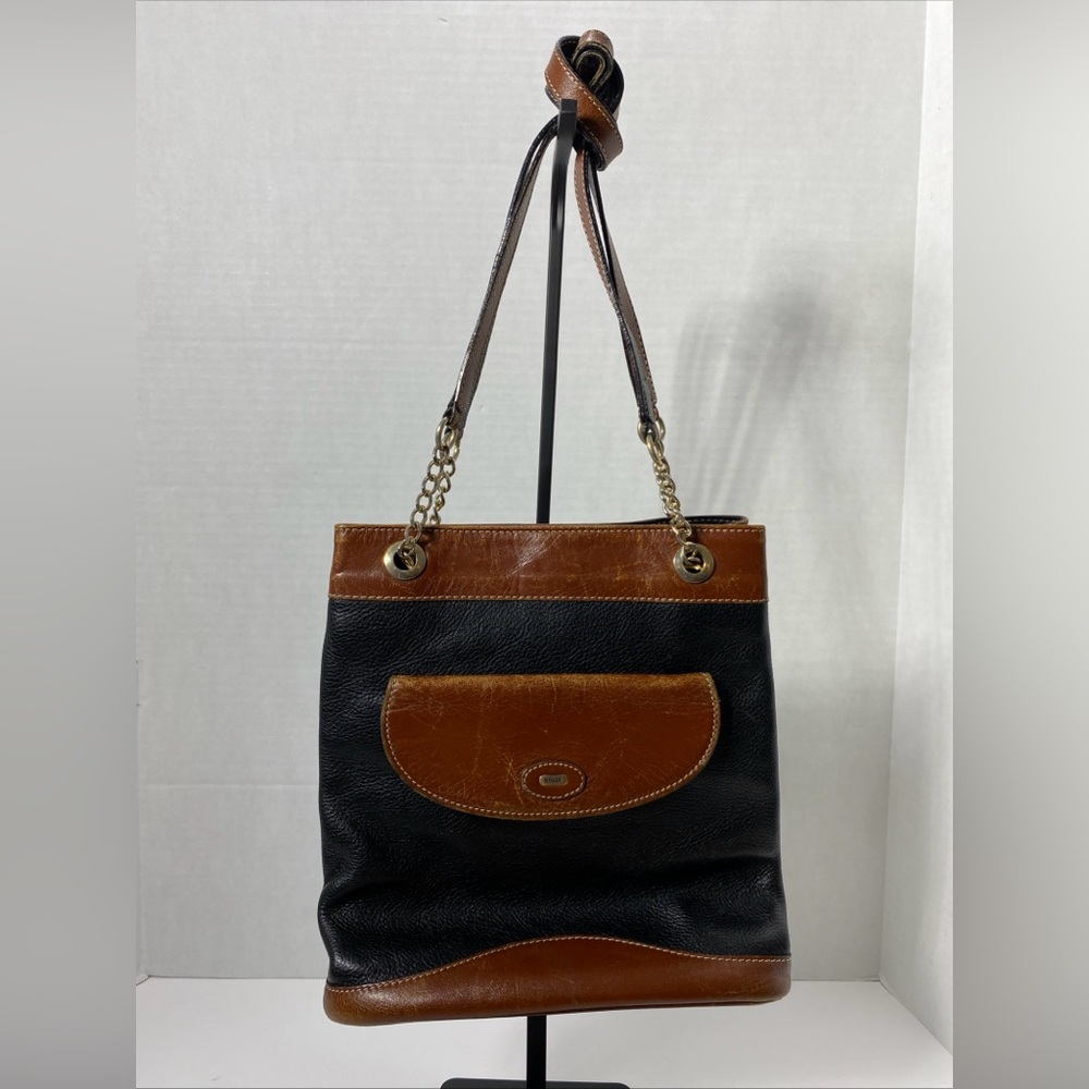 Vintage BALLY 2-TONE BLACK TAN LEATHER CHAIN DOUBLE SHOULDER BAG Italy GC